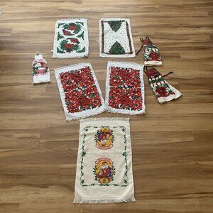 Christmas Kitchen Towel Set Lot 8 Piece Poinsettias Tree Holiday